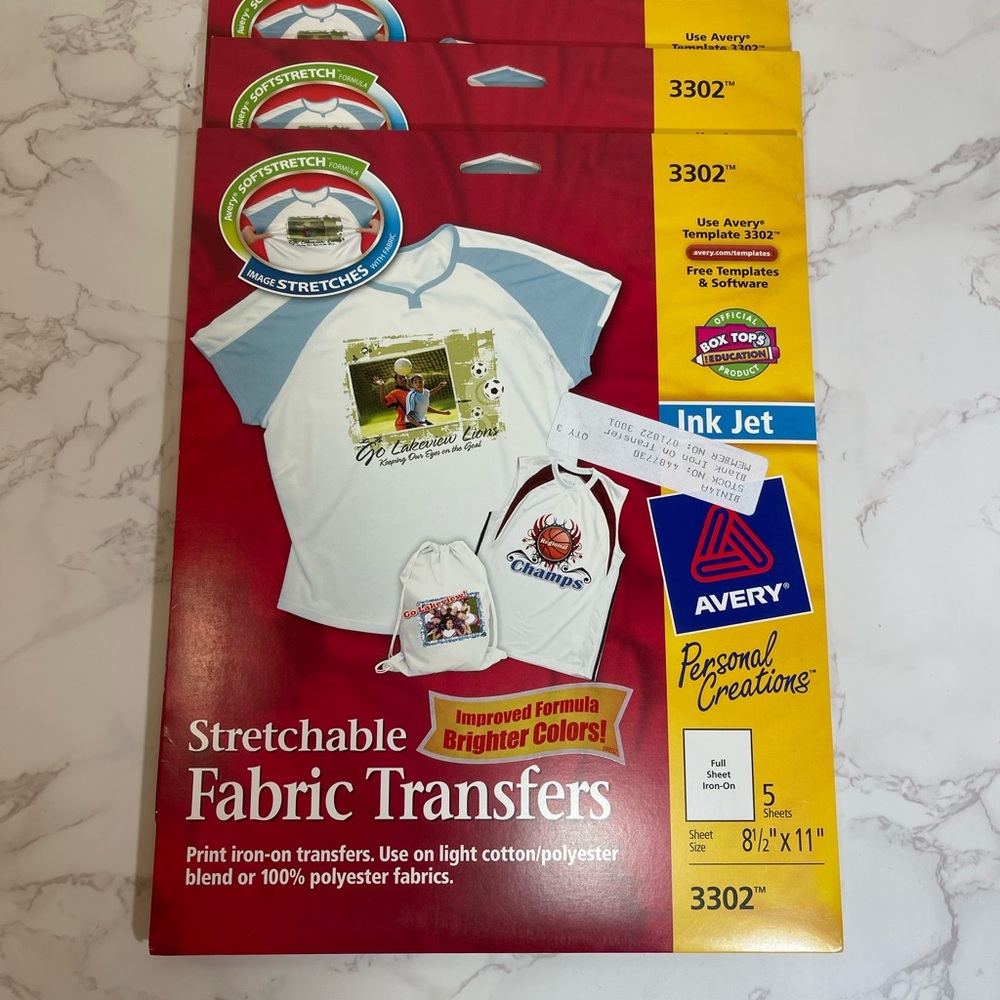 Lot Of 3 Avery 8.5 x 11 Stretchable Fabric Transfers for Inkjet Printers (3302)